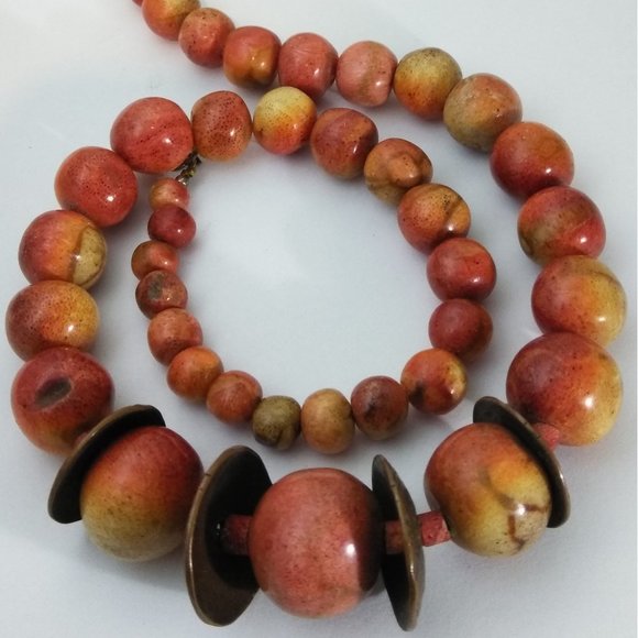 Apple Sponge Coral Bead Necklace w Bronze Disks